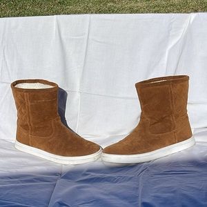 Camel suede slip on boots